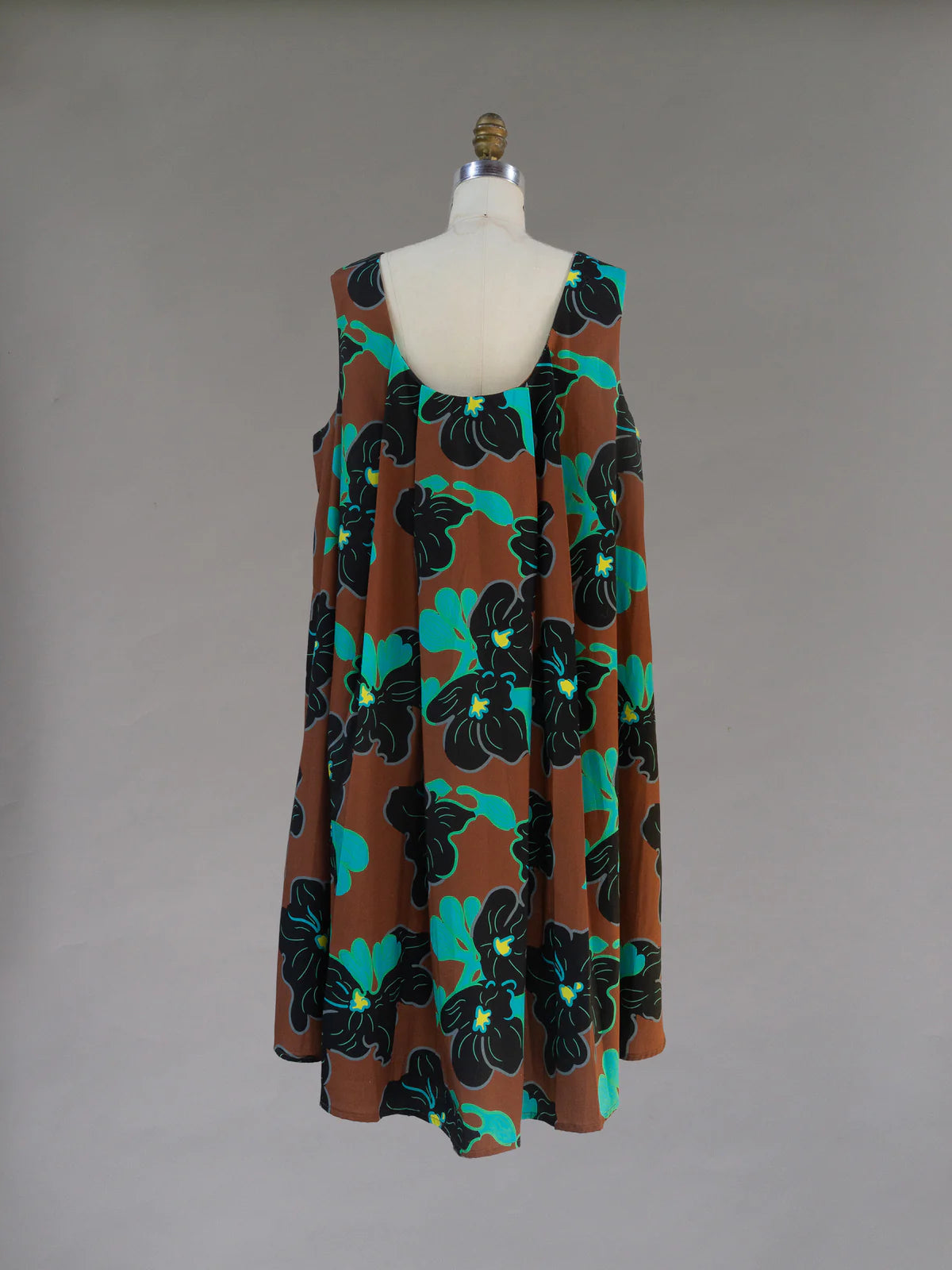 Brown, Black and Blue Floral 1961 Chestnut Print Watteau Dress - Made X Hudson