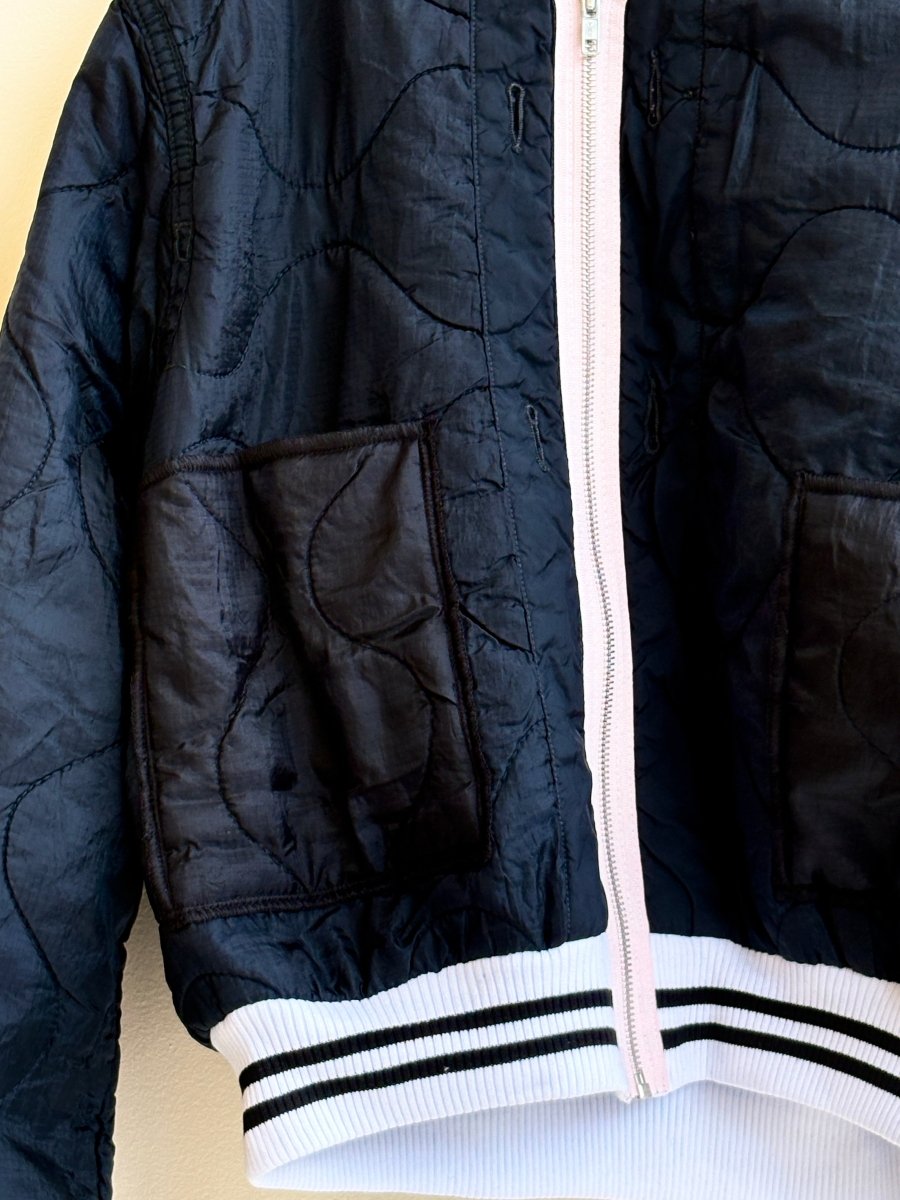 Navy Army Liner Quilted Coat w/ Pale Pink Zipper & Stripe Hem (Reworked) - Made X Hudson