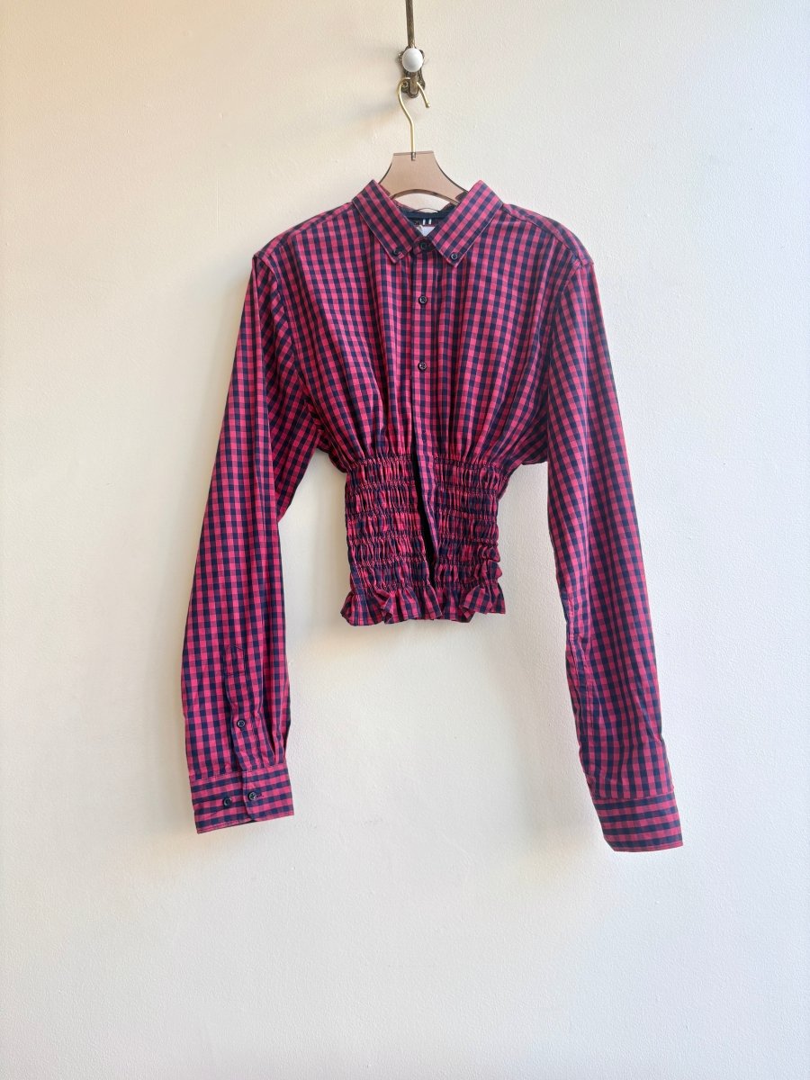 The George Top | Red & Black Gingham Button Down Top w/ Smocked Waist (Reworked) - Made X Hudson