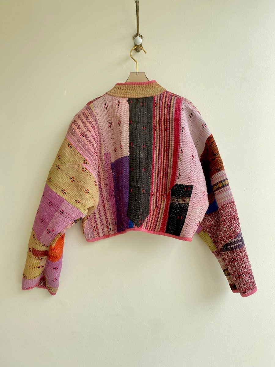 Reversible Kaira Quilted Cropped Jacket in Colors Red, Pink, Orange, Yellow, & Pale Pink Patchwork - Made X Hudson