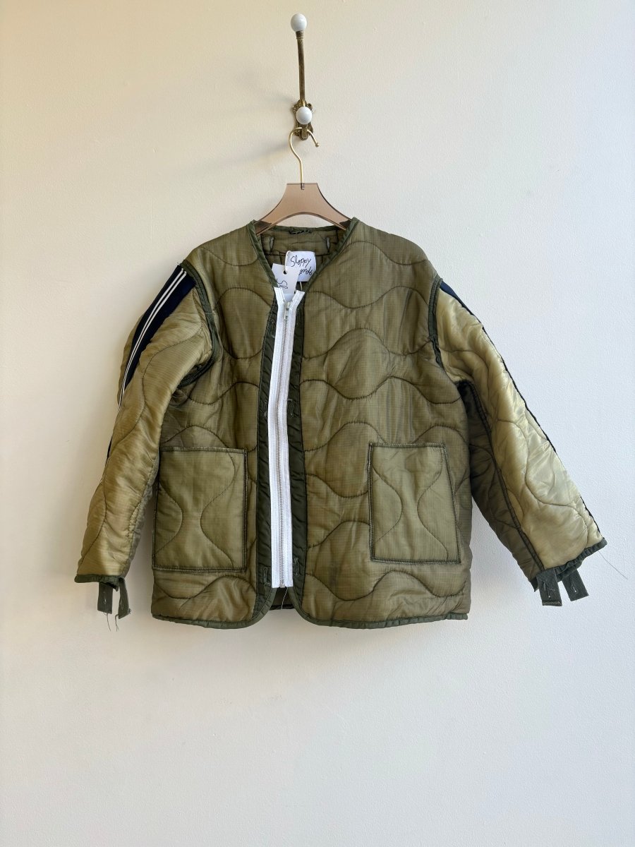 Olive Green Army Liner Quilted Zip - Up Coat w/ Navy White Striped Sleeves (Reworked) - Made X Hudson