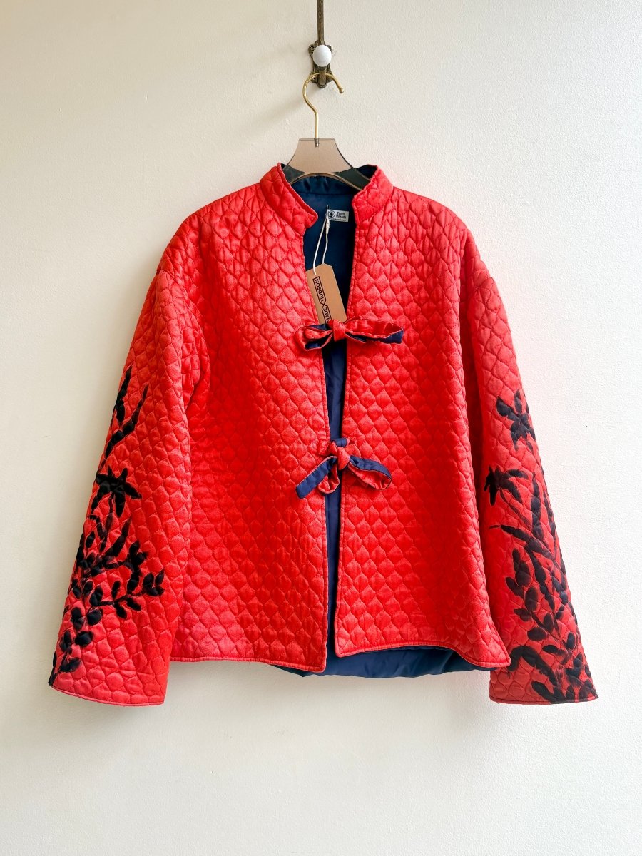 Indigo Flower Patch Quilted Coat in Hot Orange | Hand Painted (Reworked) - Made X Hudson