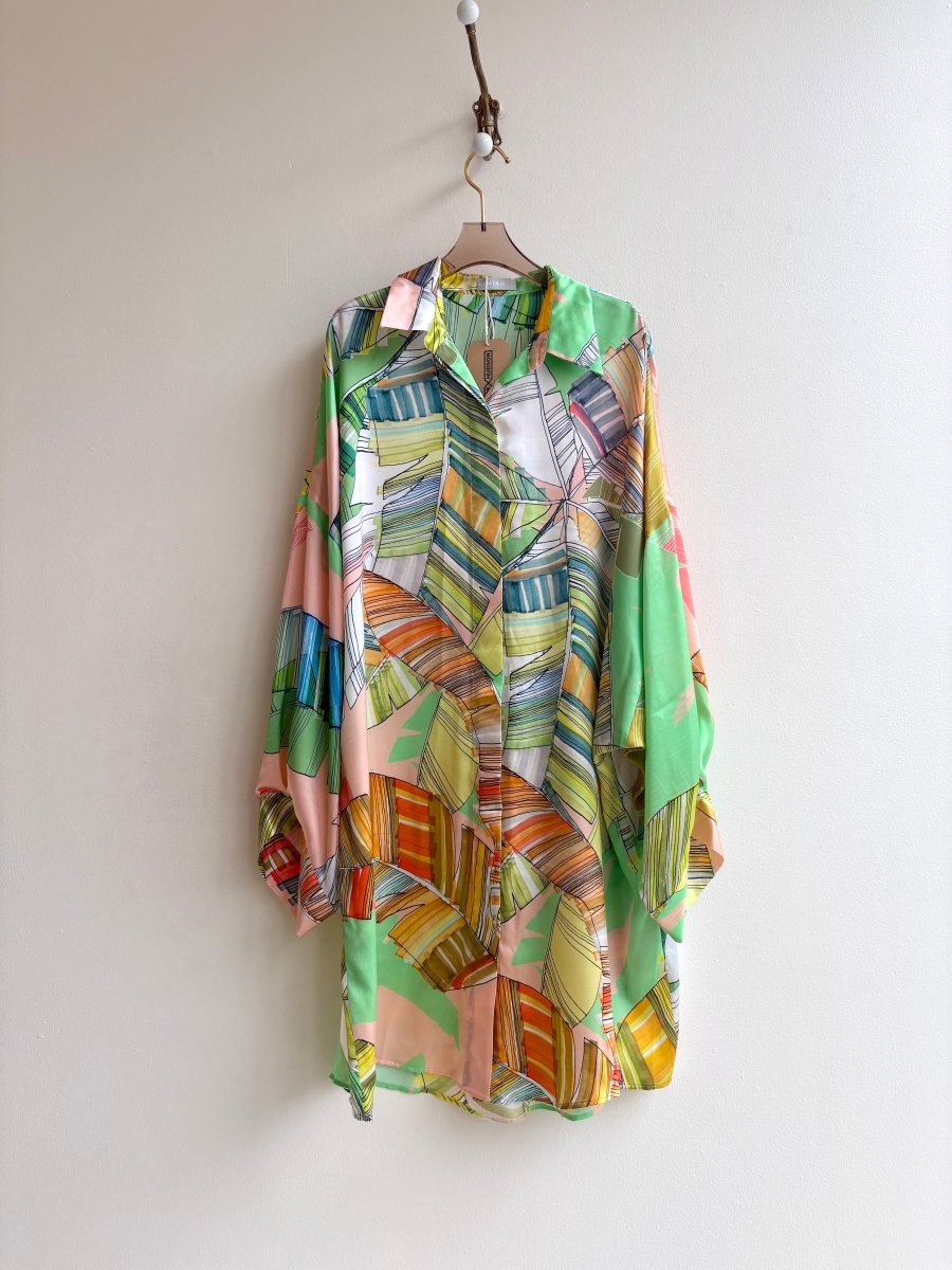 Silk Button Down Long Shirt in Lime and Pink Tropical Leaf Print - Made X Hudson
