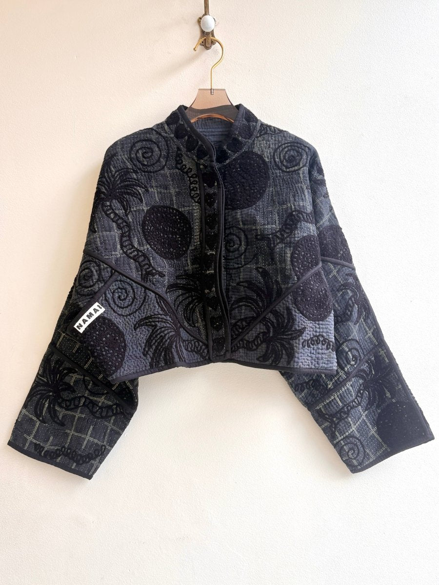 Reversible Kaira Suzani Quilted Cropped Jacket in Colors Charcoal Black, Grey, Soft Yellow & Black, Smoke Grey - Made X Hudson