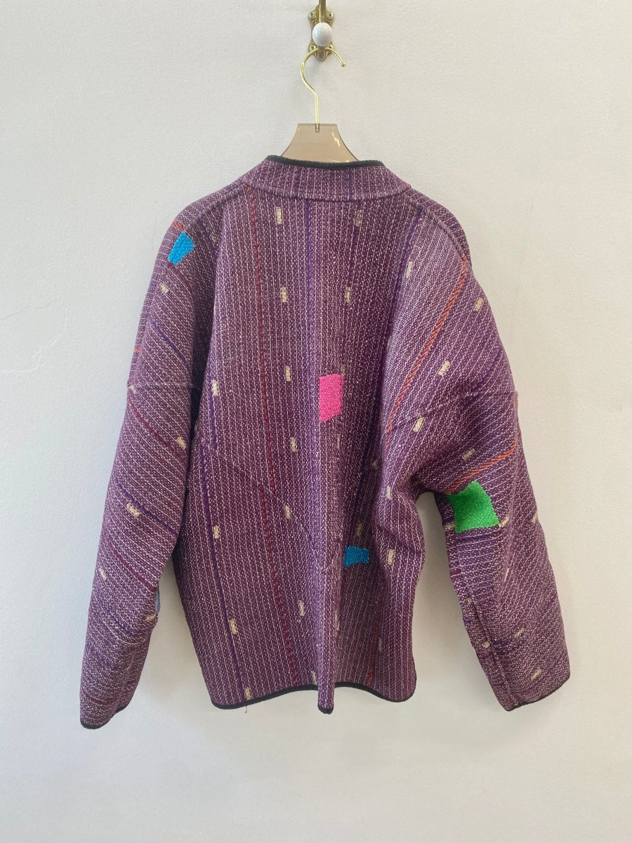 Reversible Ladhiya Quilted Jacket in Colors Turquoise w/ Blue, Red & Orange Embroidery & Plum w/ Beige Stripes - Made X Hudson