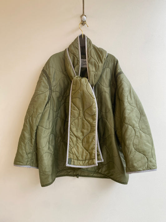 Olive Green Army Liner Quilted Coat w/ Scarf & Leather Buttons (Reworked)