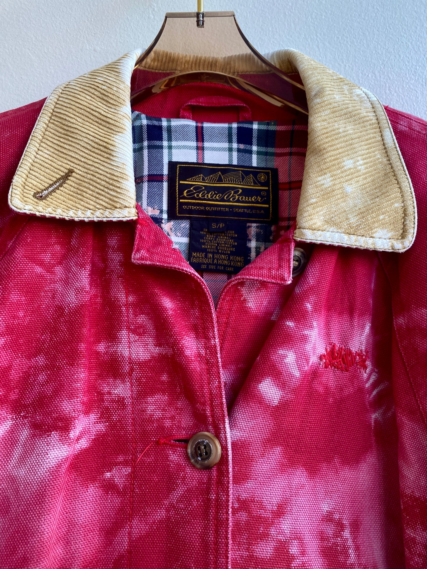 Vintage Hand Dyed Red Button Up Denim Trench Coat w/ Corduroy Accent (Reworked)