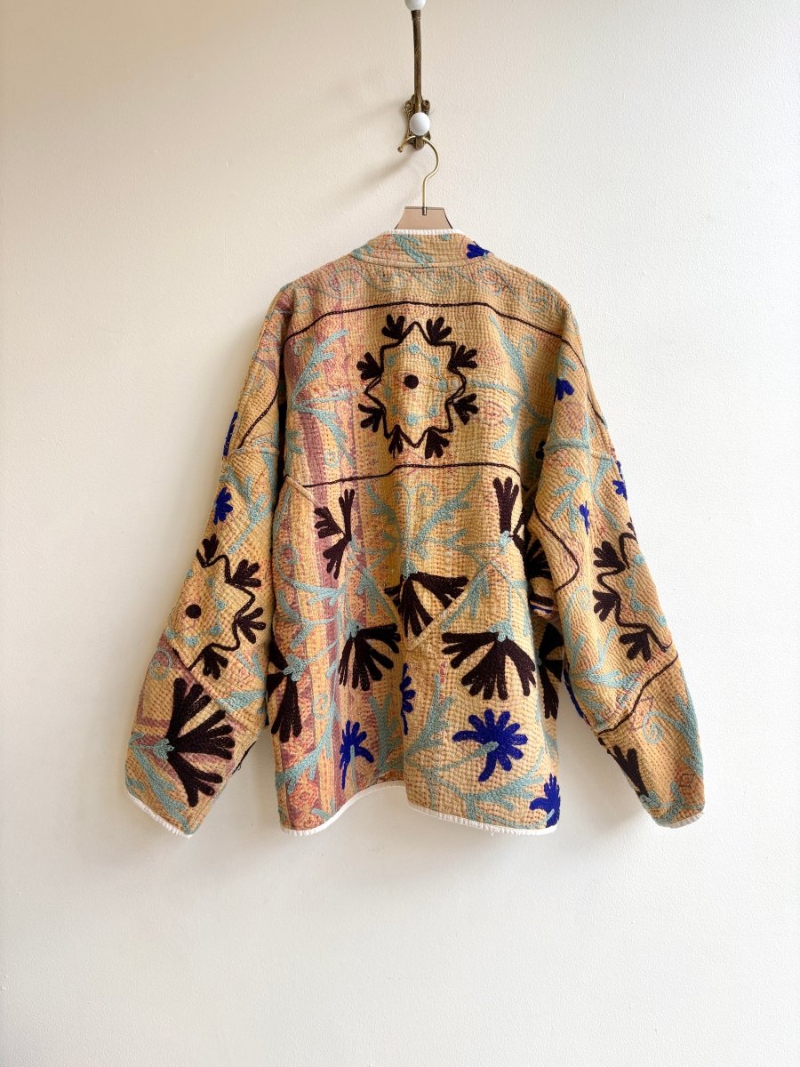 Reversible Ladhiya Suzani Quilted Jacket in Colors Pink, Beige, Red, Purple & Butter Yellow, Seafoam, Brown - Made X Hudson