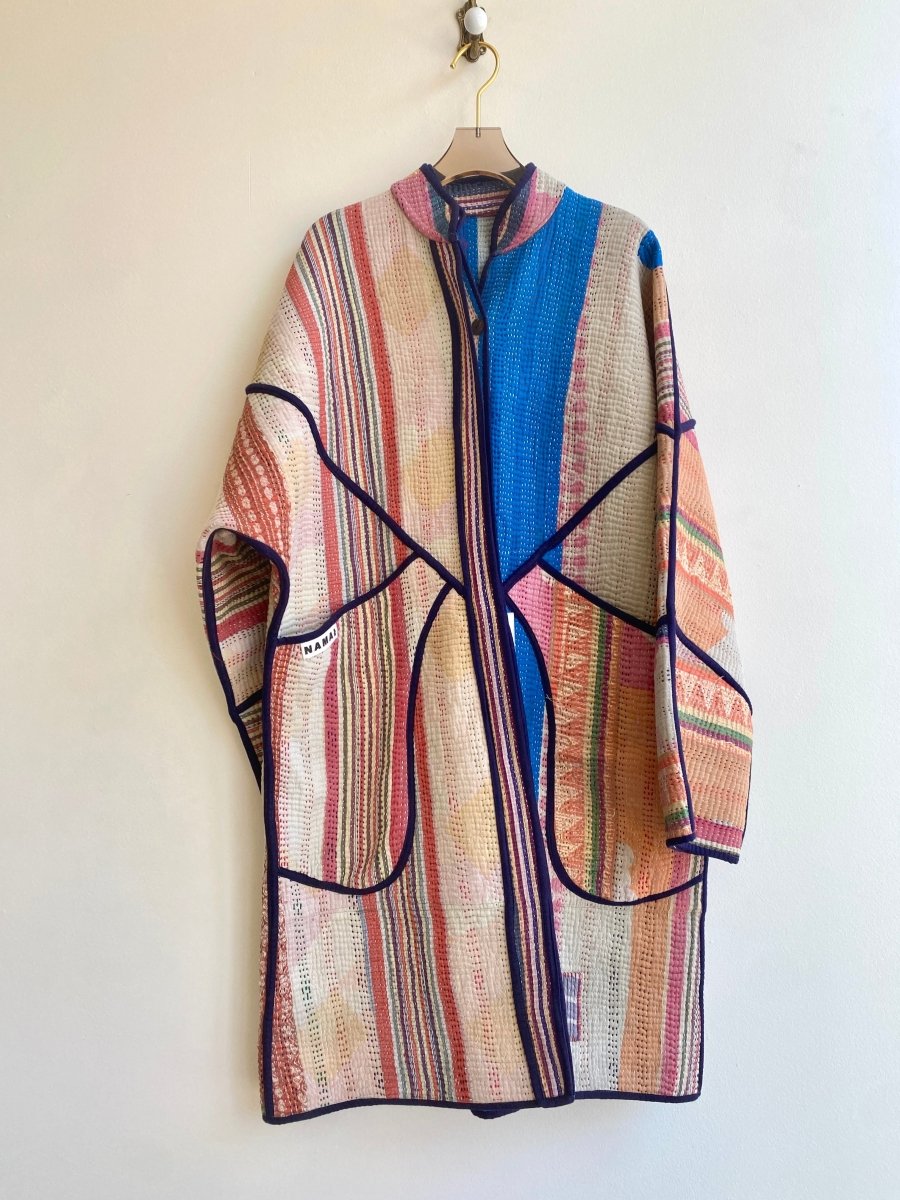 Reversible Long Trench Quilted Jacket in Orange, Tan, Blue Stripes & Green, Blue, Orange - Made X Hudson