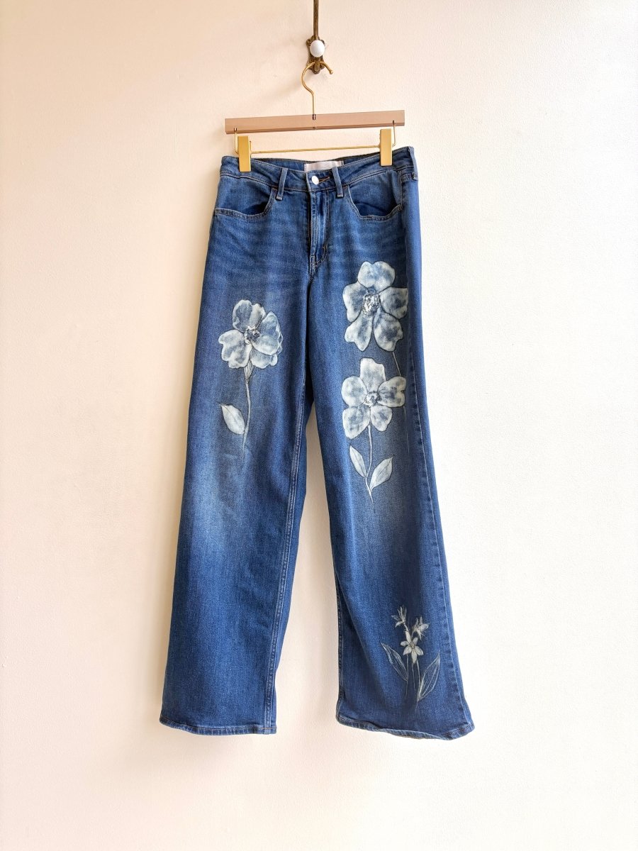 Blue Denim Flower Printed & Hand Drawn Pants (Reworked) - Made X Hudson