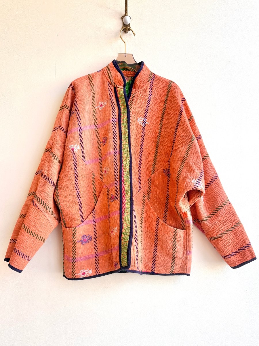 Reversible Ladhiya Quilted Jacket in Colors Green with Orange Floral & Orange Stripe - Made X Hudson