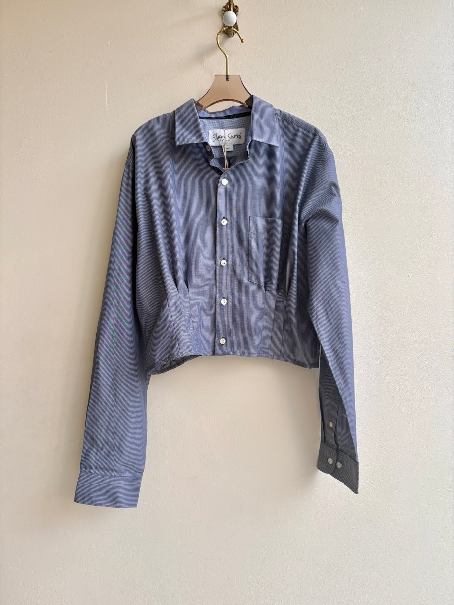 The Kevin Top | Blue & White Micro Stripe Button Down w/ Gathered Waist & Pocket (Reworked) - Made X Hudson