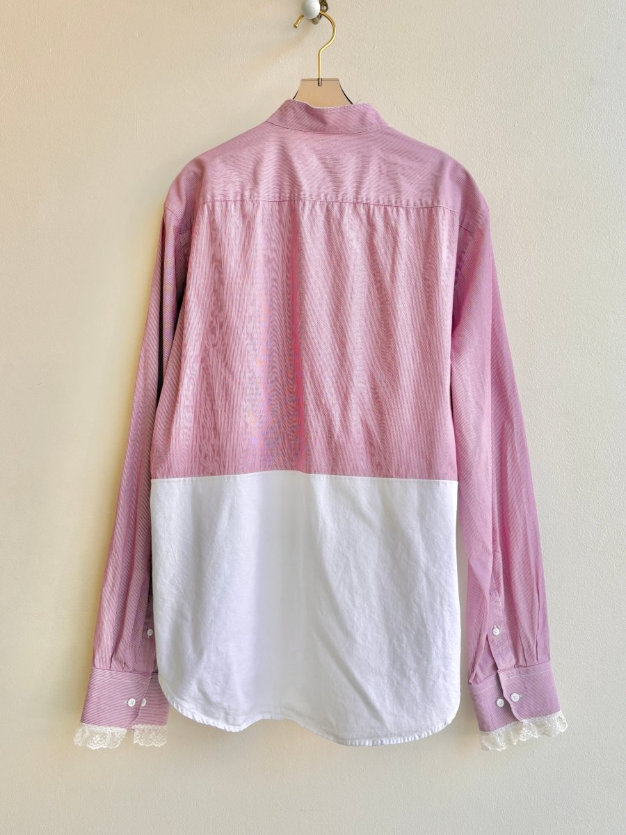 Two - Tone Micro Stripe Red & White Button Down with Lace Cuff & Embroidered Heart on Cuff (Reworked) - Made X Hudson