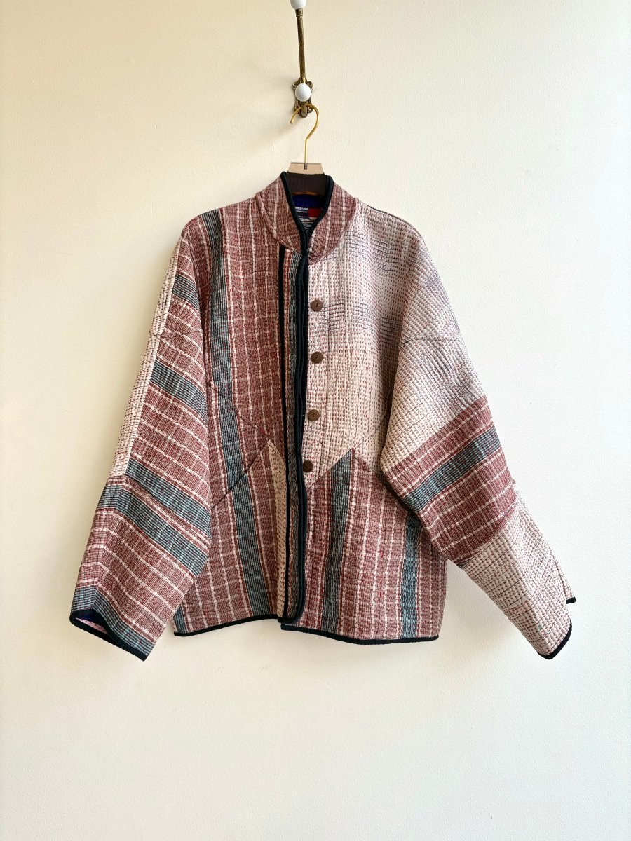 Reversible Ladhiya Quilted Jacket in Colors Purple, Pale Pink, Orange, Teal & Brown, Blue, Cream Stripes - Made X Hudson