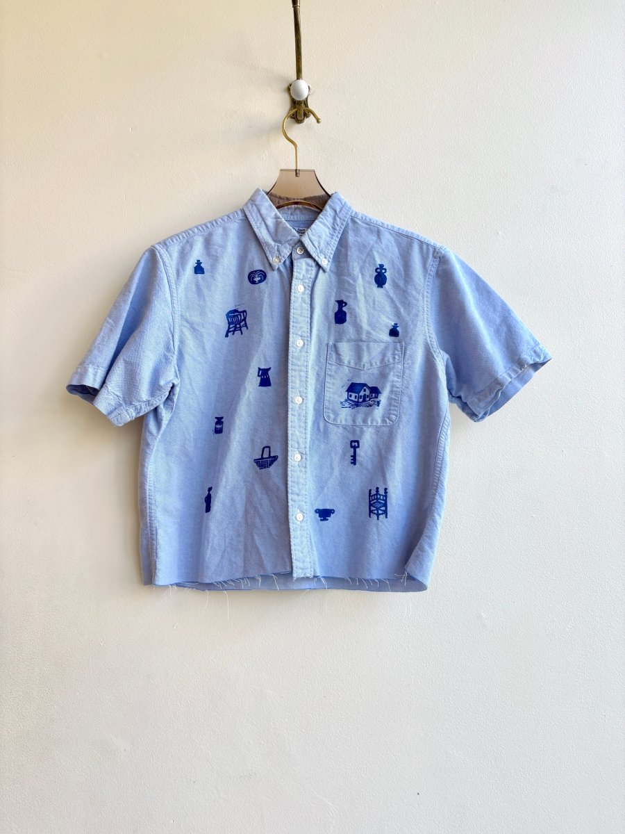 Cobalt Tiny Print Short Sleeve Crop Button Up in Light Blue | Block Printed (Reworked) - Made X Hudson