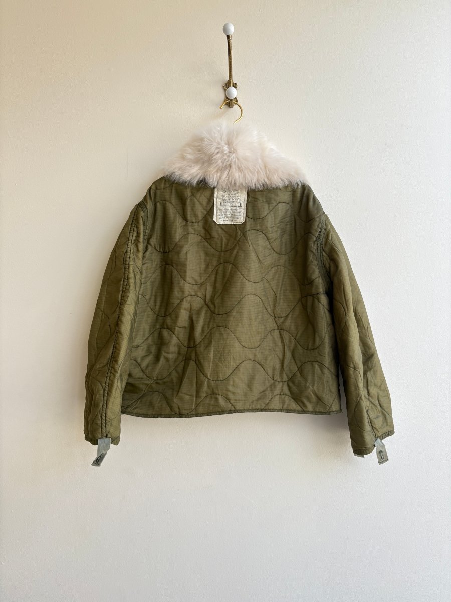Olive Army Liner Quilted Coat w/ Cream Alpaca Fur Collar & Twill Tape Tie Closure (Reworked) - Made X Hudson