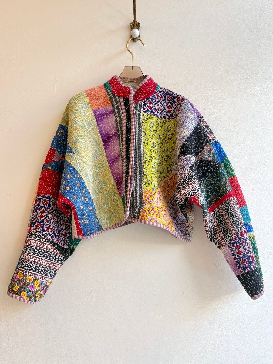 Reversible Kaira Quilted Cropped Jacket in Colors Grey, Ice Blue, Tan, Blush & Multi Colored Patchwork - Made X Hudson