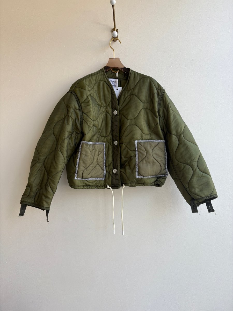 Dark Olive Green Army Liner Quilted Coat w/ Light Olive Patch Pockets & White Drawstring (Reworked) - Made X Hudson