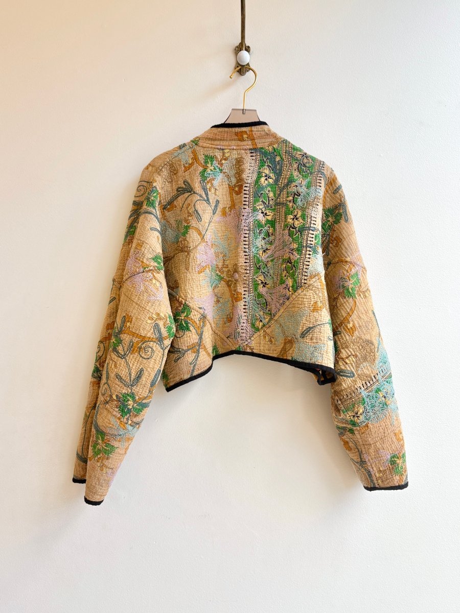 Reversible Suzani Quilted Cropped Jacket in Colors Yellow, Mustard, Orange, Teal & Ecru, Green, Mustard - Made X Hudson