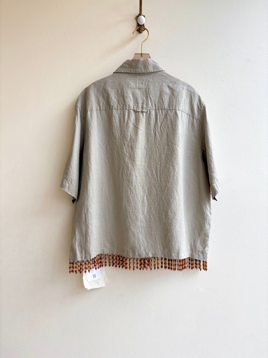 Slate Linen Button Up Shirt w/ Wooden Beaded Fringe (Reworked) - Made X Hudson