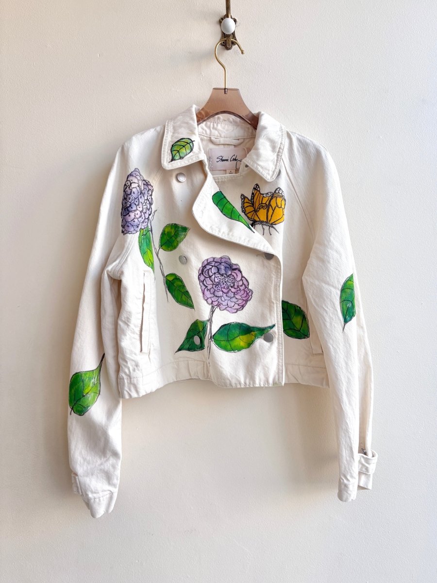 Hand Painted Monarch and Hydrangea Double Breasted Cropped Denim Jacket (Reworked) - Made X Hudson