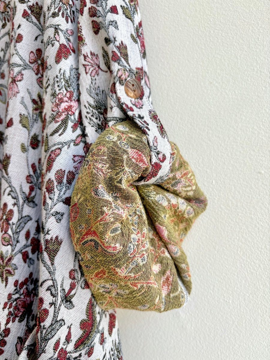 Red & Beige Floral Brocade Handkerchief Hem Dress w/ Patch Pockets - Made X Hudson