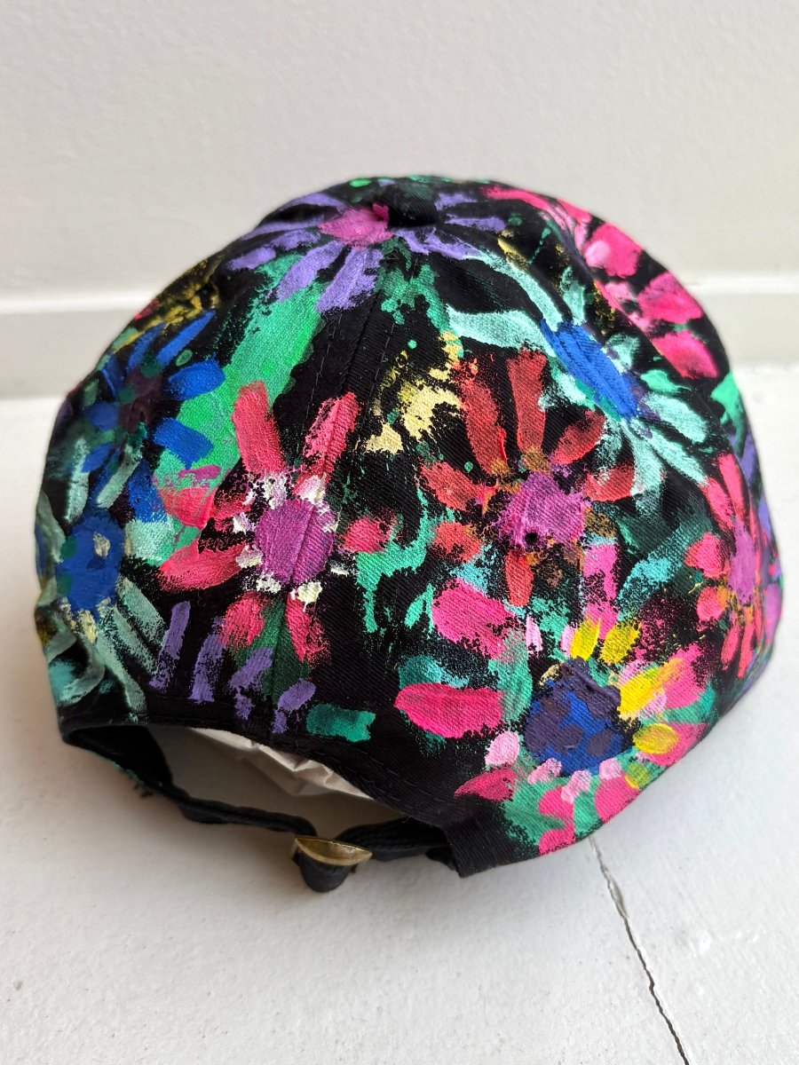 "Zelie" Black Baseball Cap w/ Pink and Aquamarine Neon Flowers | Hand Painted - Made X Hudson