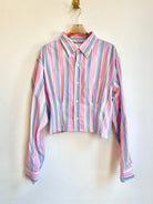 The Kevin Top | Pink, Khaki, and Blue Stripes w/ Gathered Waist (Reworked) - Made X Hudson