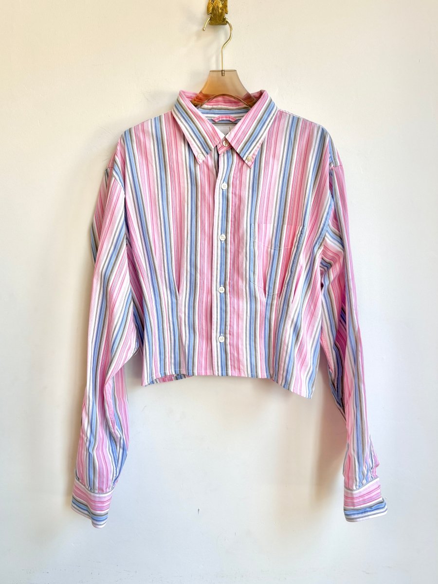 The Kevin Top | Pink, Khaki, and Blue Stripes w/ Gathered Waist (Reworked) - Made X Hudson