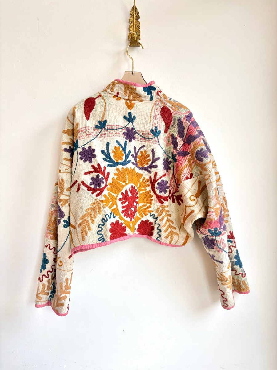 Reversible Suzani Quilted Cropped Jacket in Colors Cream, Cobalt, Rust, Mustard & Caramel, Cobalt, Rust, Purple - Made X Hudson