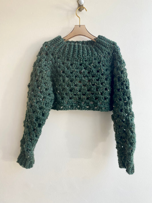 Crochet Cropped Sweater (Green & Ivory Speckled)