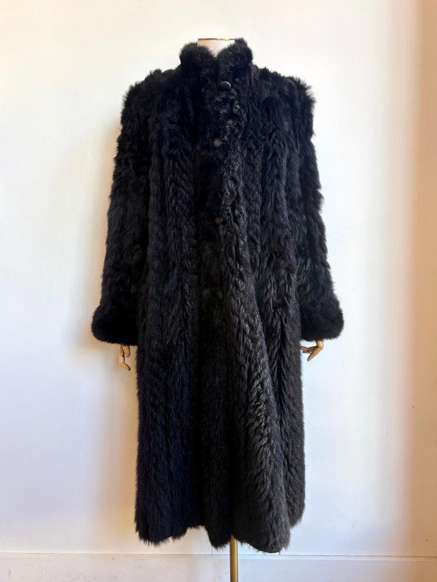 Reversible Midnight Black Leather Chevron and Fur Dress Coat (Vintage) - Made X Hudson