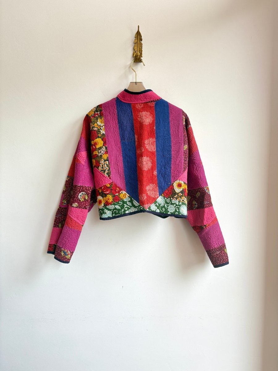 Reversible Kaira Quilted Cropped Jacket in Colors Green, Blue, White & Red, Blue, Pink, Green, Yellow - Made X Hudson