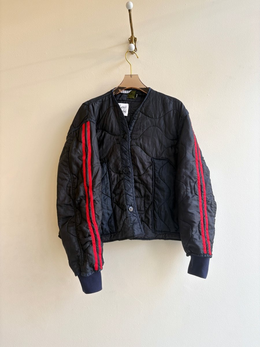 Deep Navy Army Liner Quilted Track Jacket w/ Navy Buttons & Red Double Striped Sleeves (Reworked) - Made X Hudson