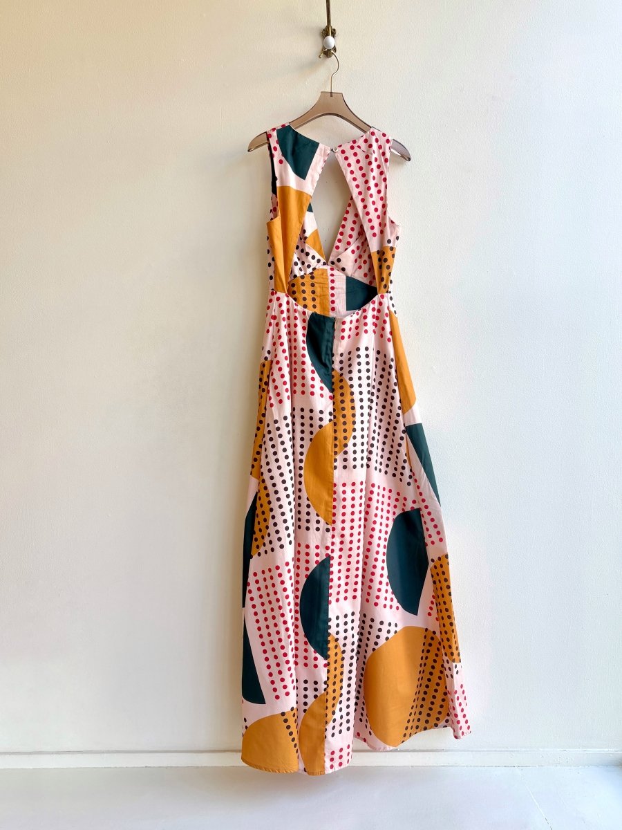 Peach, Red, Green, Mustard Dotted Sunrise Sleeveless “Origami” Dress - Made X Hudson