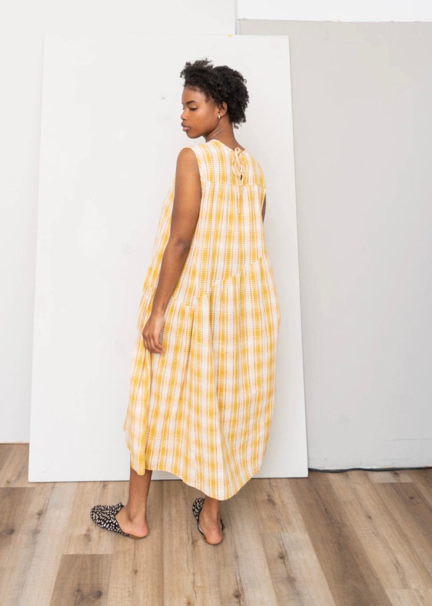 Anan Long Gathered Dress in Mustard, Sand & Turmeric Plaid - Made X Hudson