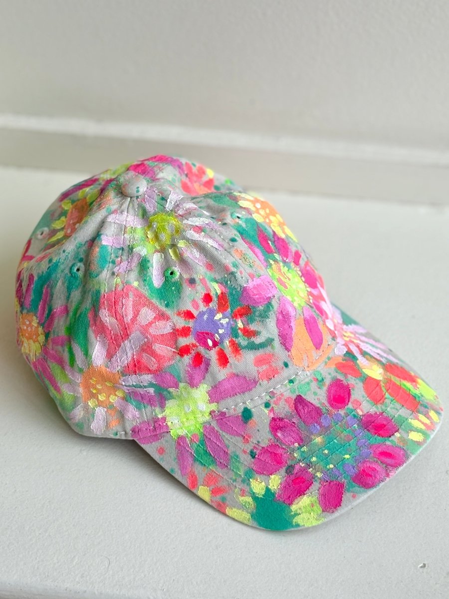 Natural Canvas Hand Painted Neon Pink & Purple Flowers Baseball Cap - Made X Hudson