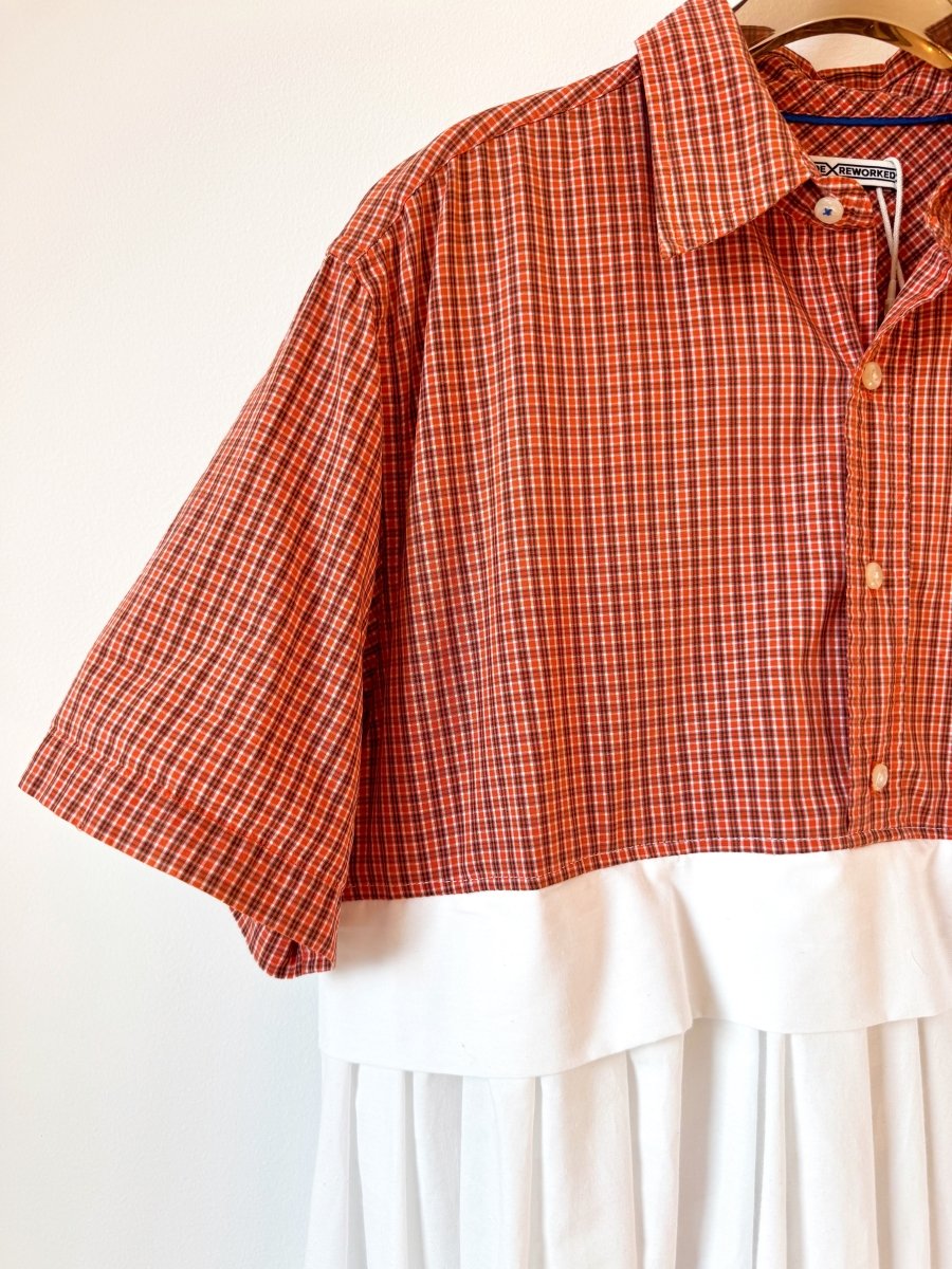 Empire Shirtwaist Dress in Pumpkin, Black, & White Plaid & White w/Short Sleeves (Reworked) - Made X Hudson
