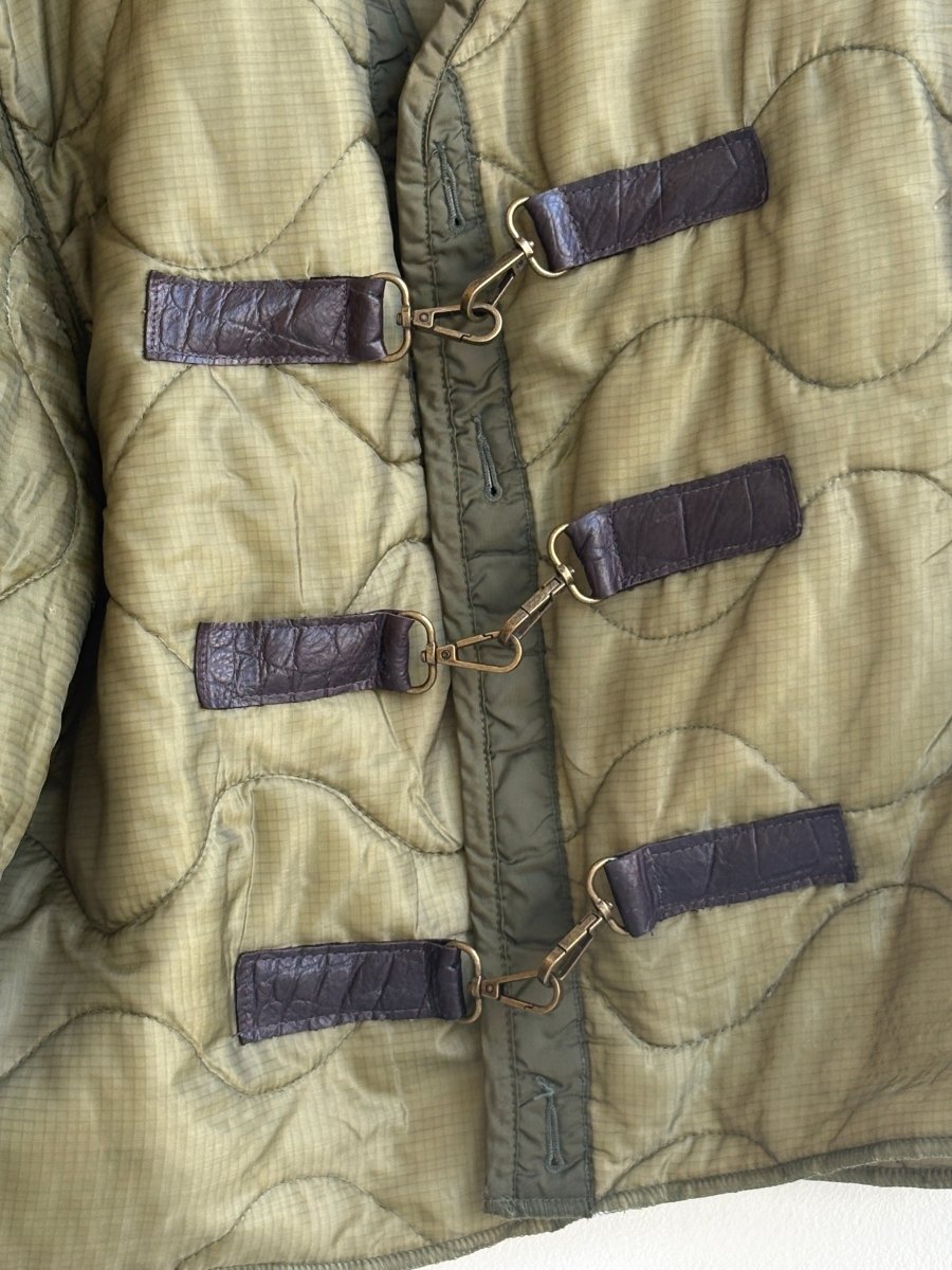 Olive Green Army Liner Quilted Coat w/ Brown Leather & Brass - Tone Clasps (Reworked) - Made X Hudson