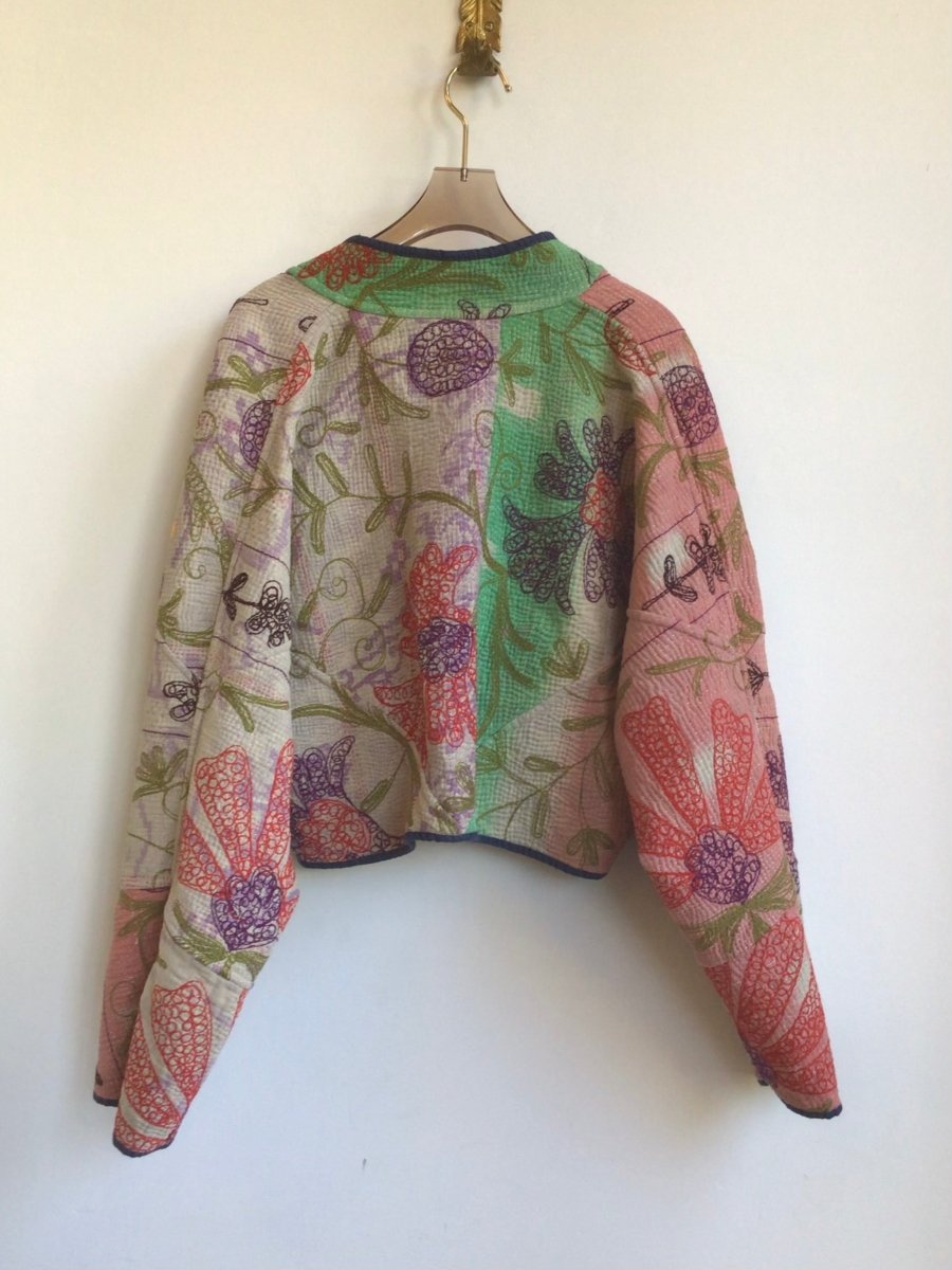 Reversible Kaira Suzani Quilted Cropped Jacket in Colors Blue, Green, Lavender, Red & Lavender, Blush, Soft Green, Red, Purple - Made X Hudson