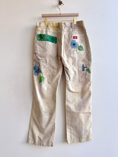 Baby Blue Morning Glory Painter Pants with Eco Dye in Walnut | Hand Painted (Reworked) - Made X Hudson