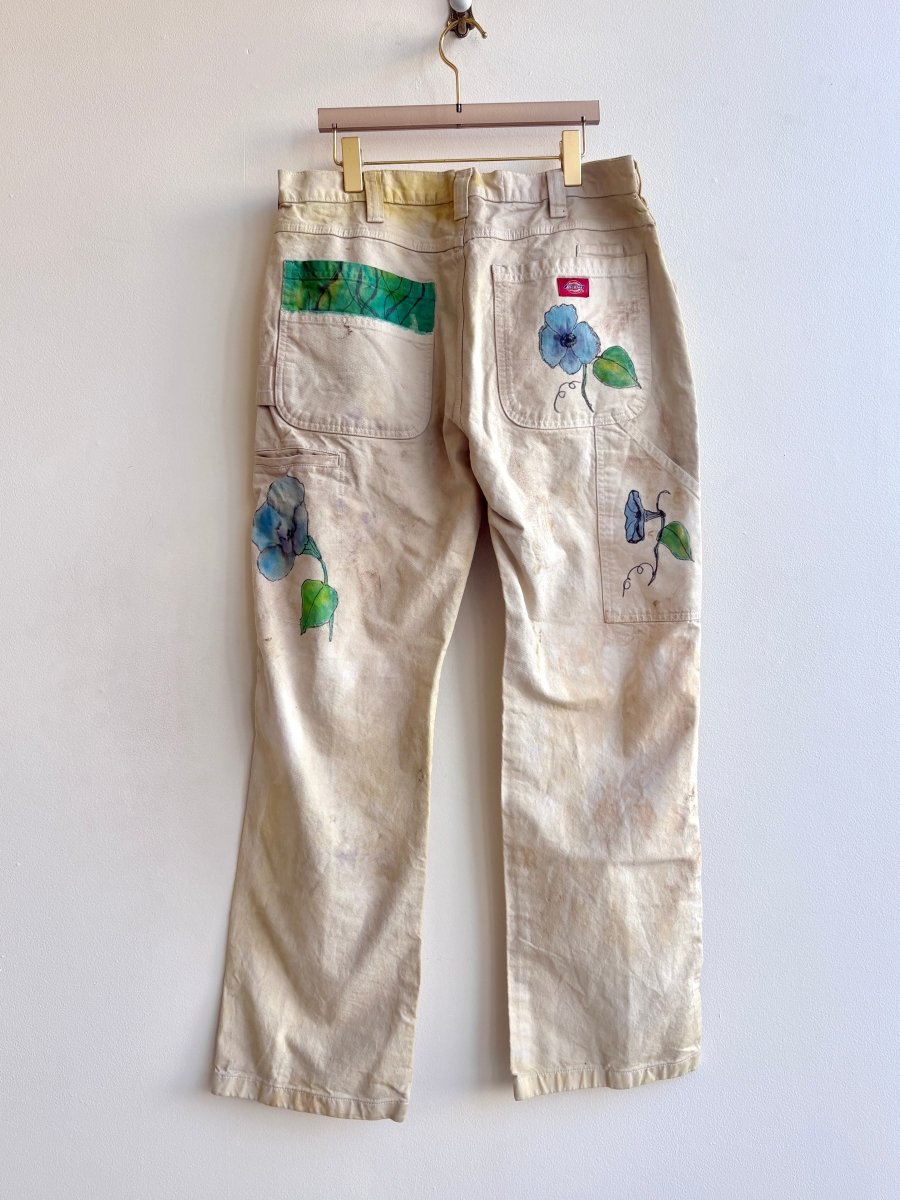 Baby Blue Morning Glory Painter Pants with Eco Dye in Walnut | Hand Painted (Reworked) - Made X Hudson