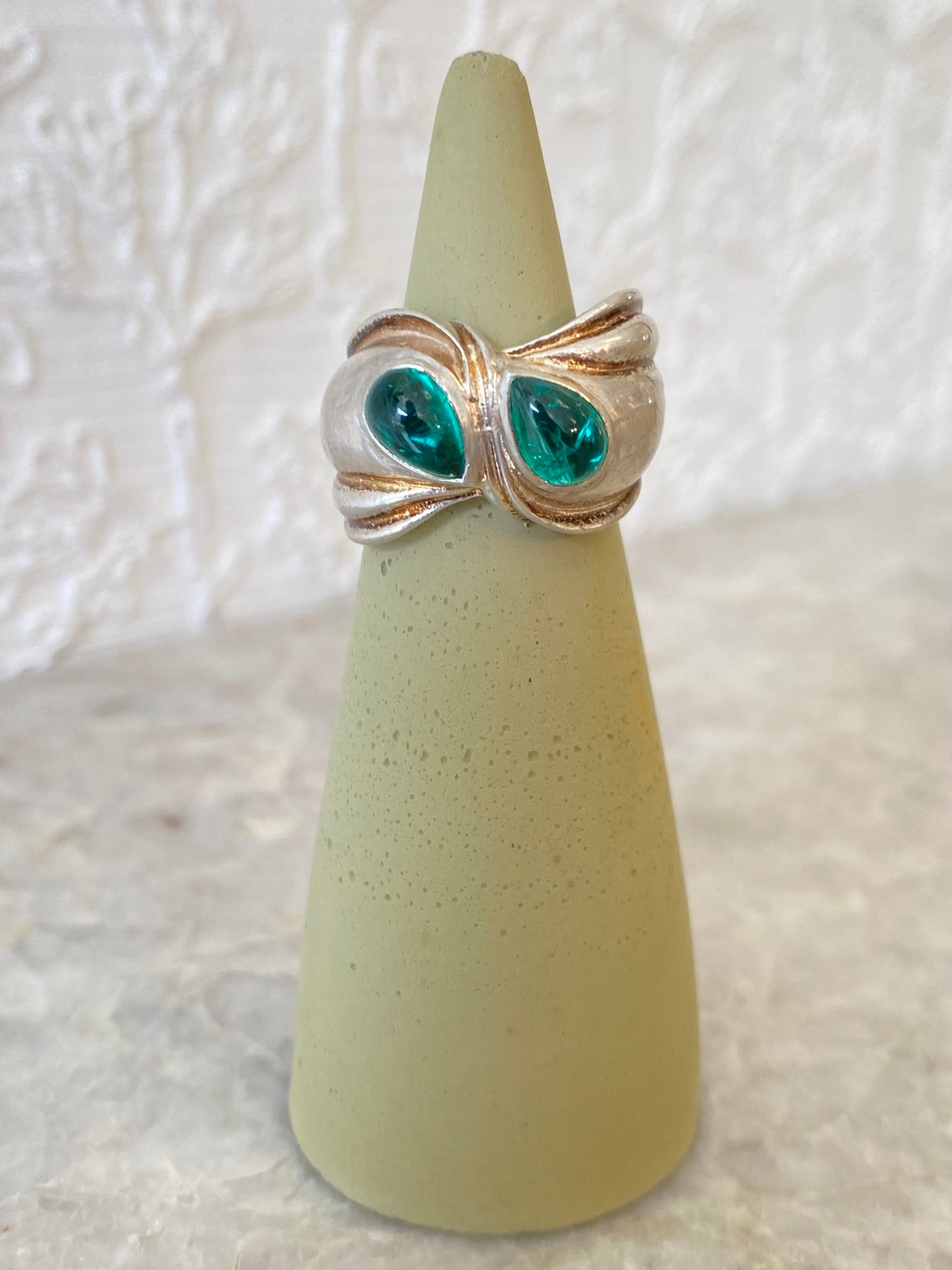 Solid Sterling Silver Cocktail Ring with Two Teardrop Emerald Cabochons (synthetic emeralds)