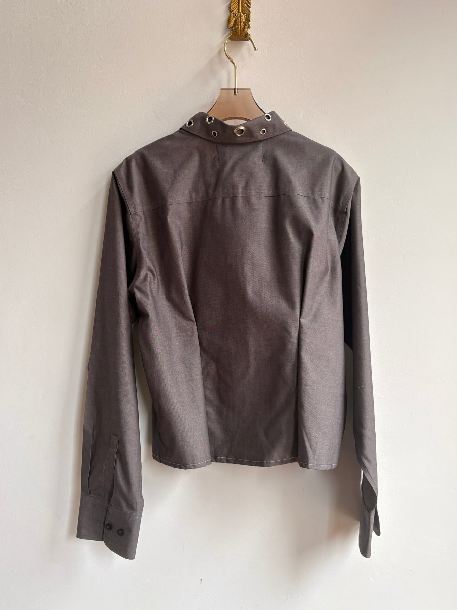 The Mike Top | Grey Button Down Top w/ Gathered Waist & Grommet Collar (Reworked) - Made X Hudson