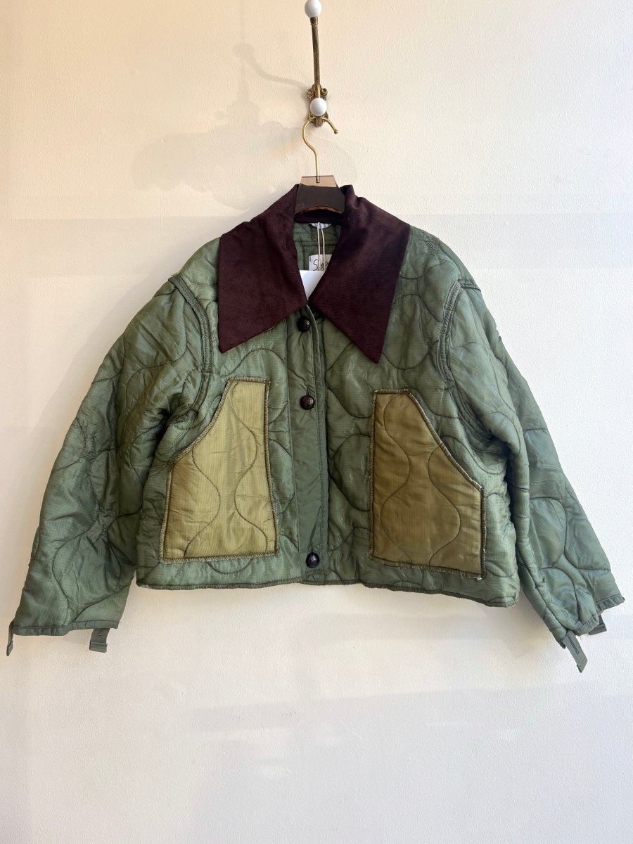Dark Olive Army Liner Quilted Coat w/ Peat Brown Dagger Collar & Leather Buttons (Reworked) - Made X Hudson