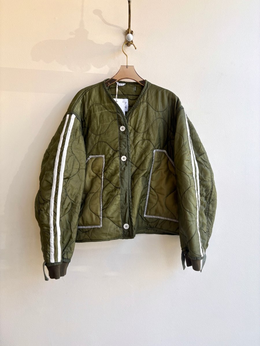 Dark Olive Green Army Liner Quilted Track Jacket w/ Cream Buttons