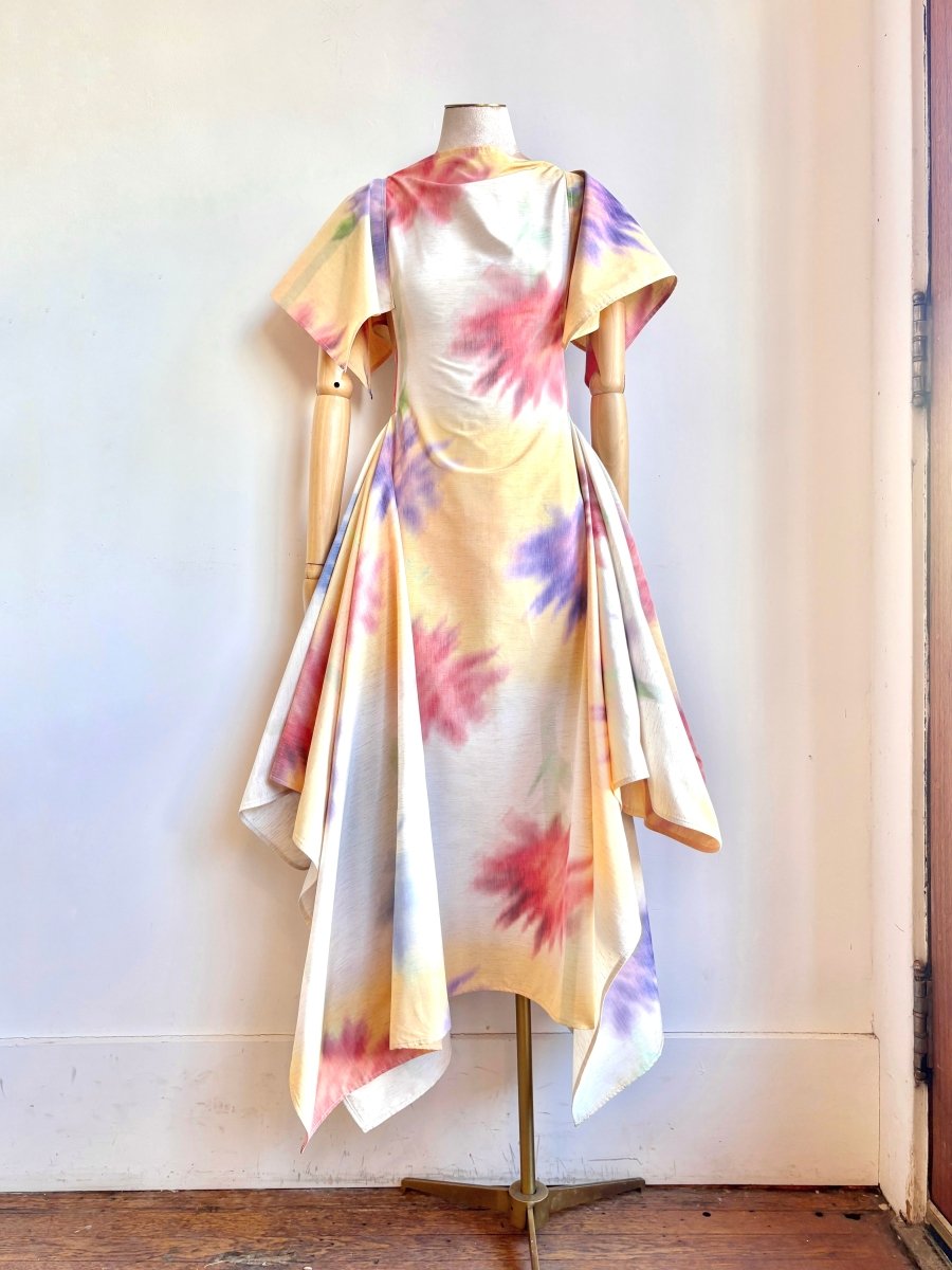 Deco Dress in Ivory, Yellow, Red, and Purple Watercolor Flowers Print - Made X Hudson