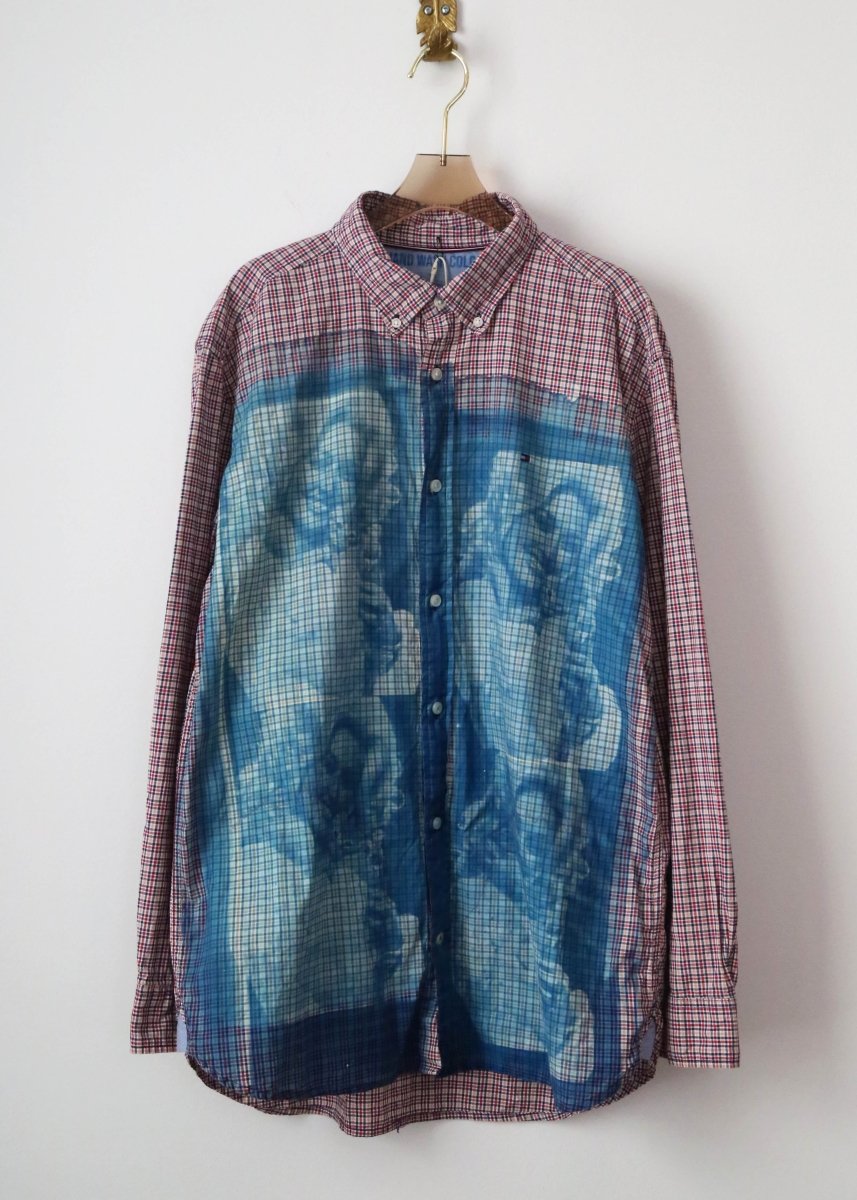 Dolly Parton and Kitten Blue Cyanotype over Red Plaid Button-Up Shirt (Reworked) - Made X Hudson