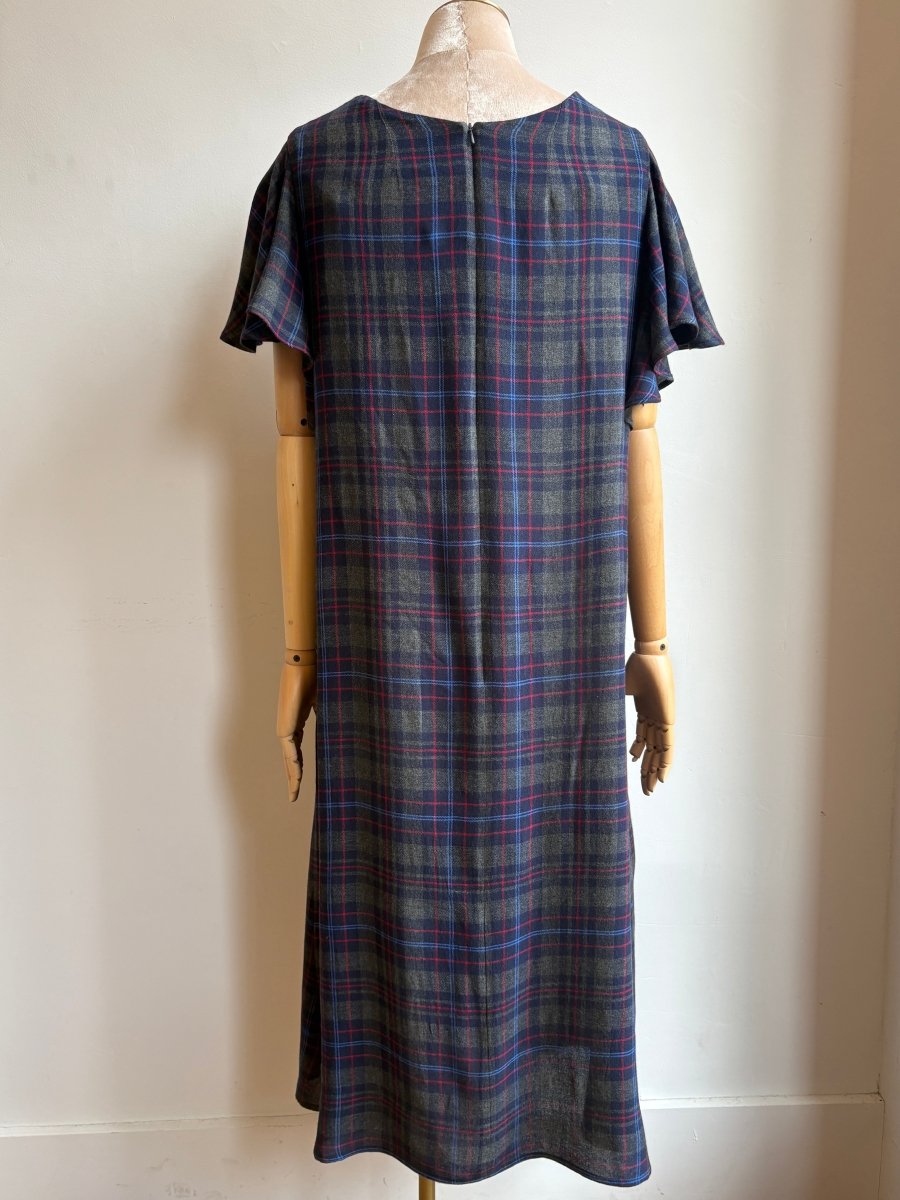 Navy, Blue, Grey, & Red Plaid Chore Dress w/ Flutter Sleeve - Made X Hudson