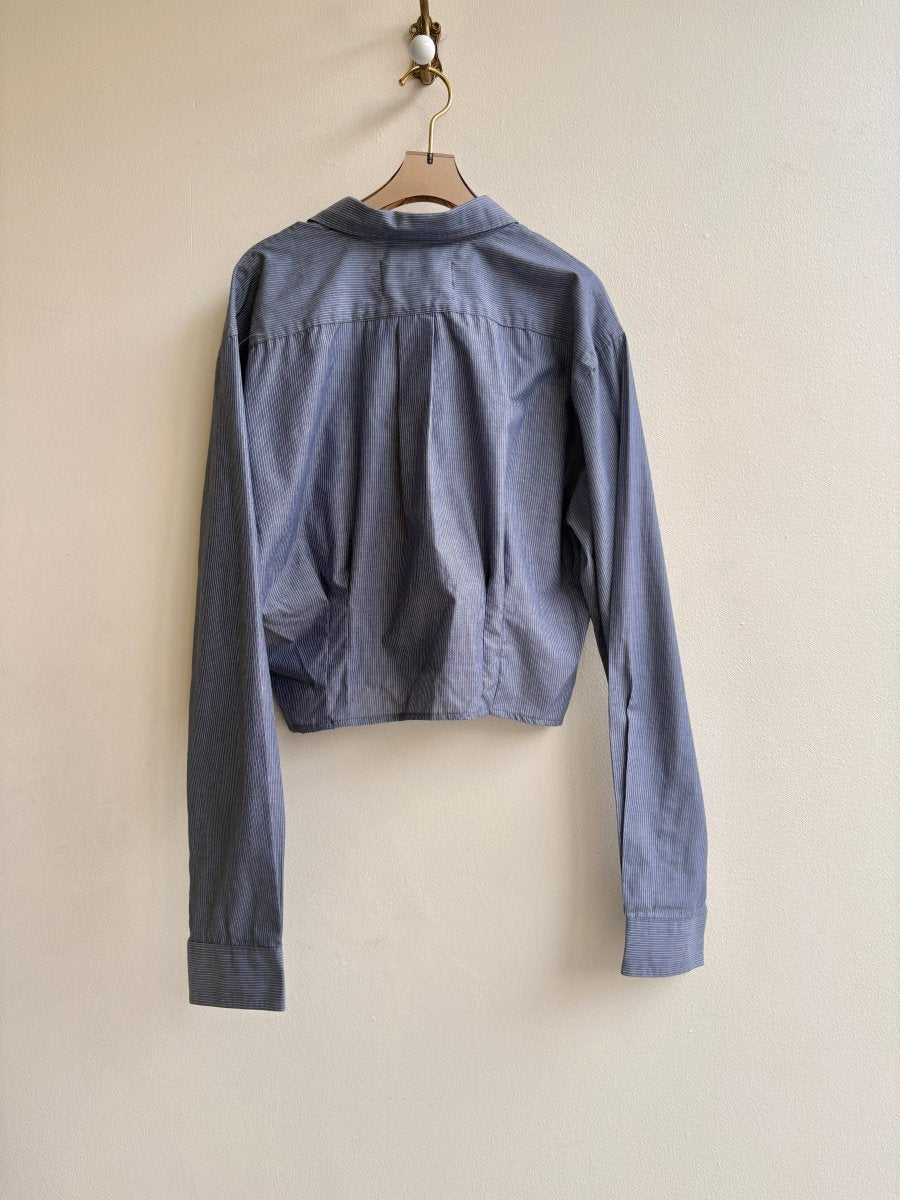 The Kevin Top | Blue & White Micro Stripe Button Down w/ Gathered Waist & Pocket (Reworked) - Made X Hudson
